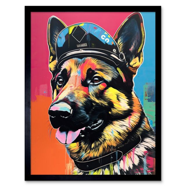 "Artery8 Wall Art Print German Shepherd Wearing Police Hat Modern Pop Art Framed in Black - Size: W12"" x H16""" - image 1