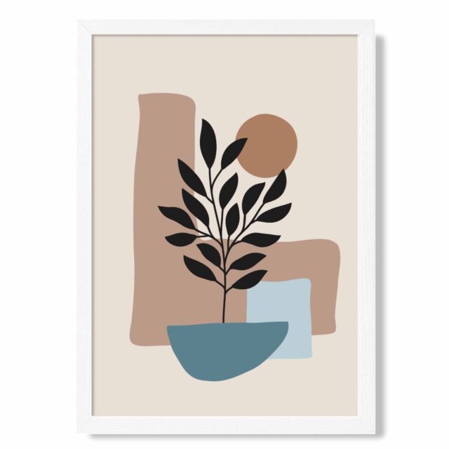 ARTZE Brown, Beige & Blue Boho Graphical Floral Framed Print SIZE: A2 with White Frame in Brown - Size: A4 - image 1