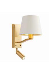 Netlighting Harvey 1 Light Indoor Wall Light Satin Brushed Gold Vintage White Faux Silk E14