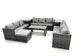 Fimous Outdoor Garden Furniture Set 10 Seater Rattan Sofa Set with Coffee Table Big Footstool 2 Side Tables Dark Grey Mixed - thumbnail 1