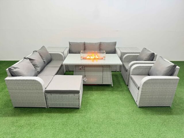 Fimous PE Rattan High Back Lounge Sofa Set Patio Firepit Dining Table & Chairs Set w/ 3 Seater Sofa Reclining Chair Big Footstool 2 Side Table Light - image 1