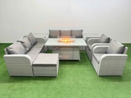 Fimous PE Rattan High Back Lounge Sofa Set Patio Firepit Dining Table & Chairs Set w/ 3 Seater Sofa Reclining Chair Big Footstool 2 Side Table Light - thumbnail 1