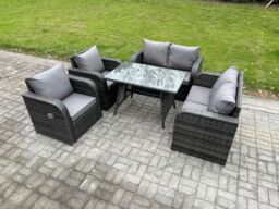 Fimous Wicker PE Rattan Garden Dining Set Outdoor Furniture Sofa with Rectangular Dining Table Dark Grey Mixed - thumbnail 2