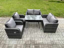 Fimous Wicker PE Rattan Garden Dining Set Outdoor Furniture Sofa with Rectangular Dining Table Dark Grey Mixed - thumbnail 1