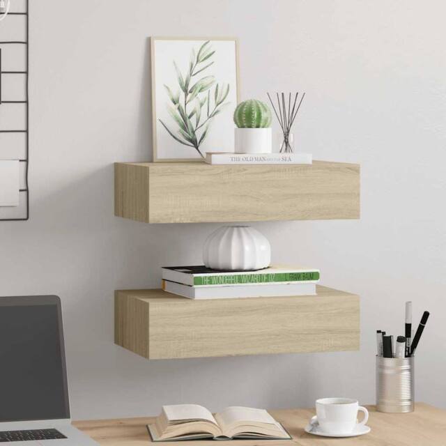Berkfield Home Elegant Wall-mounted Drawer Shelves 2 pcs Oak 40x23.5x10cm MDF in Light Tan - Size: 40x23.5x10 cm - image 1