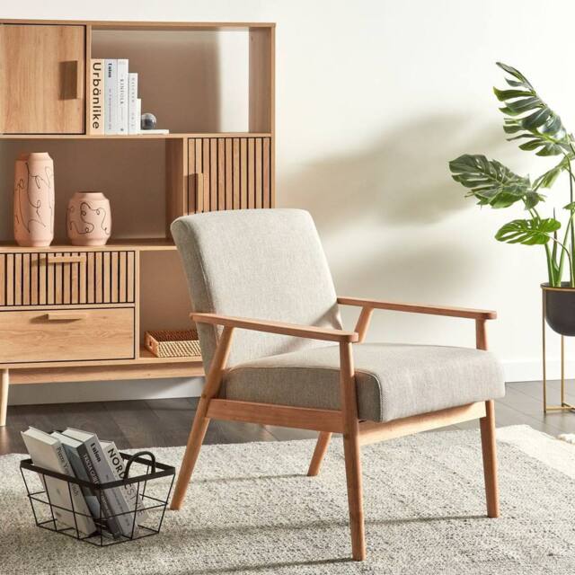 Wyld and Coco Mid-Century Armchair Grey Polyester-Linen Upholstery Light Wood Frame - image 1