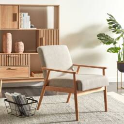 Wyld and Coco Mid-Century Armchair Grey Polyester-Linen Upholstery Light Wood Frame - thumbnail 1