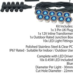 Loops IP67 Decking Plinth Light Kit 10x 0.45W Blue Round Garden Lamps Outdoor Rated - thumbnail 2