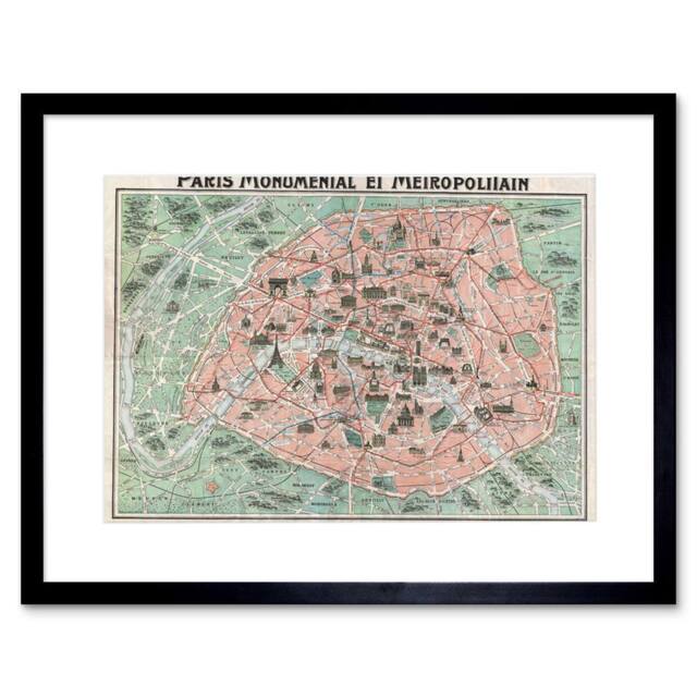 "Wee Blue Coo Robelin Paris Monument Map French Artwork 12x16"" Framed Wall Art Print in Pink - Size: W12"" x H16""" - image 1