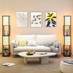Costway 2-Light Floor Lamp Wooden Shelf Lamp with Shelves in Brown - thumbnail 5