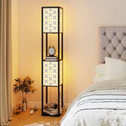Costway 2-Light Floor Lamp Wooden Shelf Lamp with Shelves in Brown