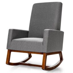 Costway Modern Rocking Chair Upholstered Fabric Leisure Armchair with Rubber Wood Base in Grey - thumbnail 5