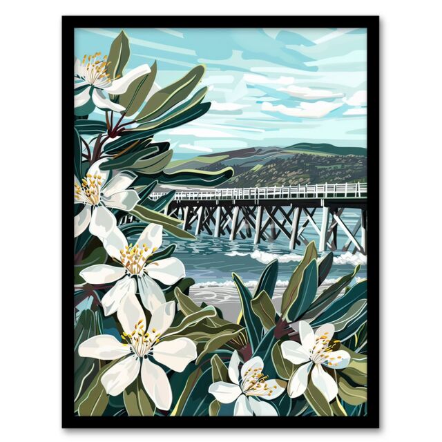Artery8 Dunoon Pier Scotland Painting Lily Wildflowers Framed Art Print in Green - Size: A4 - image 1