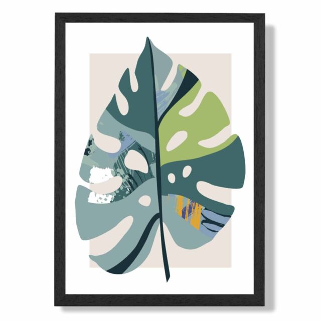 ARTZE Monstera Leaf Teal & Green Mid Century Modern Framed Print SIZE: A2 with Black Frame - Size: A4 - image 1