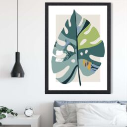 ARTZE Monstera Leaf Teal & Green Mid Century Modern Framed Print SIZE: A2 with Black Frame - Size: A4 - thumbnail 2