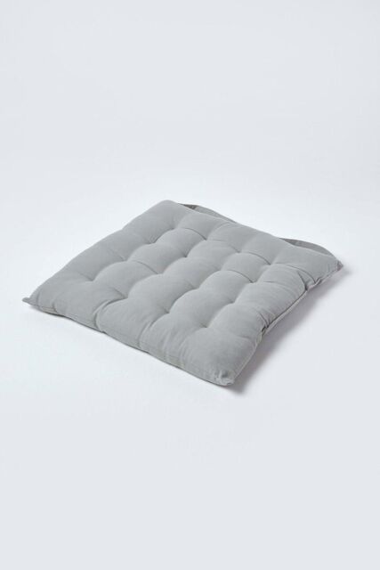 Homescapes Seat Pad Luxury 100% Cotton Indoor Outdoor Garden Cushion, Button Tie, 40cm in Grey - image 1