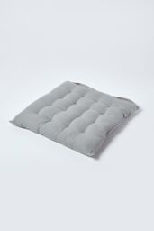Homescapes Seat Pad Luxury 100% Cotton Indoor Outdoor Garden Cushion, Button Tie, 40cm in Grey