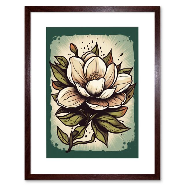 "Artery8 Wall Art Print Old School Magnolia Flower USA Tattoo Ink Body Art Rockabilly Americana 50s Artwork Framed 9X7 Inch in Brown - Size: W7"" x H9""" - image 1