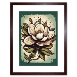 "Artery8 Wall Art Print Old School Magnolia Flower USA Tattoo Ink Body Art Rockabilly Americana 50s Artwork Framed 9X7 Inch in Brown - Size: W7"" x H9""" - thumbnail 1