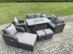 Fimous 9 Seater Rattan Garden Furniture Set Propane Gas Fire Pit Table & Sofa Chair set with 3 Footstool Side Table in Dark Grey - thumbnail 3