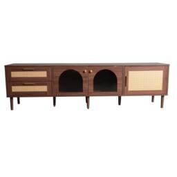 Merax Brown Walnut TV Stand with Rattan Doors, Arched Glass & LED Lights - thumbnail 8