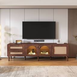 Merax Brown Walnut TV Stand with Rattan Doors, Arched Glass & LED Lights