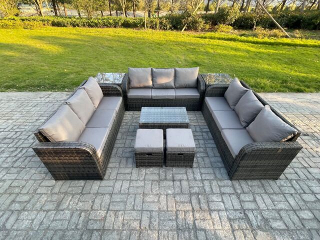 Fimous Rattan Lounge Sofa Set 11 Seater Outdoor Garden Furniture Set with Rectangular Coffee Table 3 Seater Sofa 2 Side Tables 2 Small Footstools - image 1