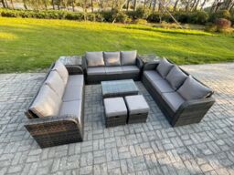 Fimous Rattan Lounge Sofa Set 11 Seater Outdoor Garden Furniture Set with Rectangular Coffee Table 3 Seater Sofa 2 Side Tables 2 Small Footstools - thumbnail 2