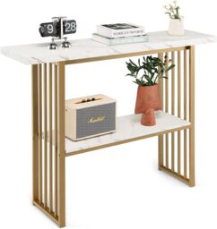 Costway 2-tier Console Table White Faux Marble Sofa Table Modern Entryway Hallway Narrow Table - thumbnail 1