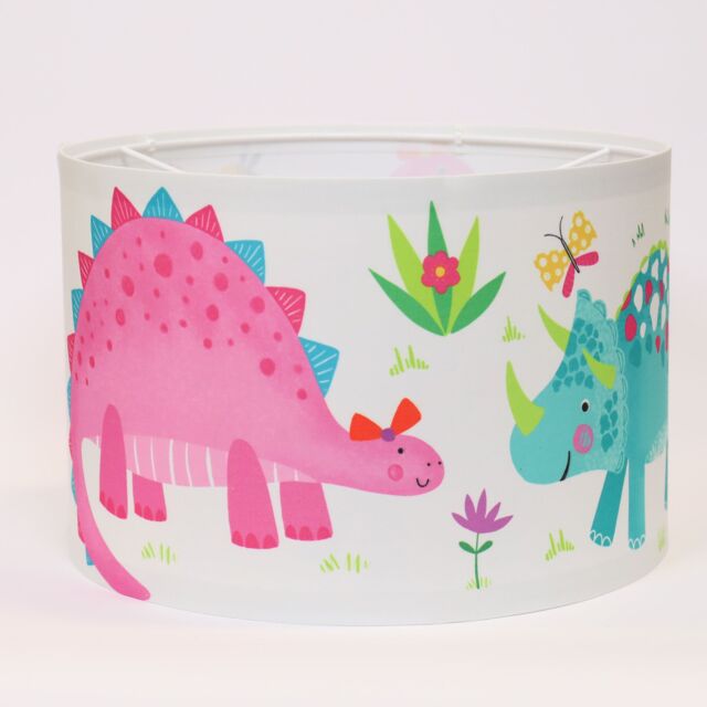 Happy Linen Company Daisy Dino Dinosaur Pendant Drum Fabric Lampshade in Pink - Size: 30 cm diameter x 20 cm high - image 1