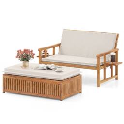 Costway Solid Acacia Wood Loveseat & Storage Ottoman w/ 4-Level Backrest in White