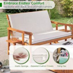 Costway Solid Acacia Wood Loveseat & Storage Ottoman w/ 4-Level Backrest in White - thumbnail 3