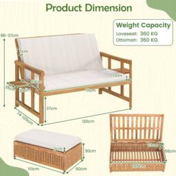 Costway Solid Acacia Wood Loveseat & Storage Ottoman w/ 4-Level Backrest in White - thumbnail 2