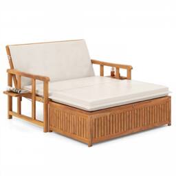 Costway Solid Acacia Wood Loveseat & Storage Ottoman w/ 4-Level Backrest in White - thumbnail 4