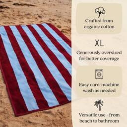 Misona Extra Large Striped Beach Towel - 100% Cotton in Burgundy - thumbnail 3