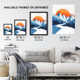"Artery8 Winter Sunrise Patagonia Andes Mountain Painting Wall Art Print in Blue - Size: W24"" x H32""" - thumbnail 3