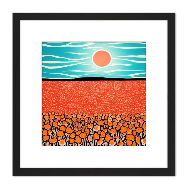 Artery8 Landscape California Poppy Flowers Blue Sky Sunrise Painting Square Wooden Framed Wall Art Print Picture 8X8 Inch in Black - image 1