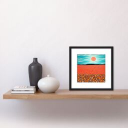 Artery8 Landscape California Poppy Flowers Blue Sky Sunrise Painting Square Wooden Framed Wall Art Print Picture 8X8 Inch in Black - thumbnail 2