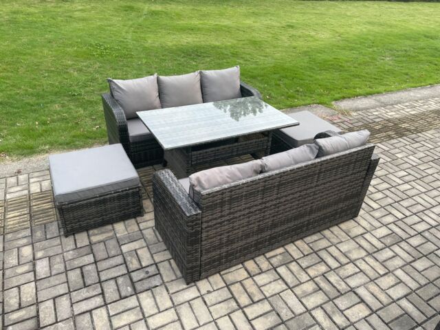 Fimous Patio Rattan Garden Furniture Set with Oblong Rectangular Dining Table 2 Big Footstool 5 Pieces Outdoor Lounge Sofa Set in Dark Grey - image 1