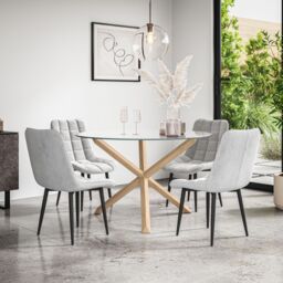 More4Homes Malvern Round Dining Table & Chairs - Clear Glass Table Top w Solid Oak Legs + Nova Velvet Dining Chair Set Of 4 in Grey - thumbnail 1