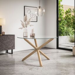More4Homes Malvern Round Dining Table & Chairs - Clear Glass Table Top w Solid Oak Legs + Nova Velvet Dining Chair Set Of 4 in Grey - thumbnail 2