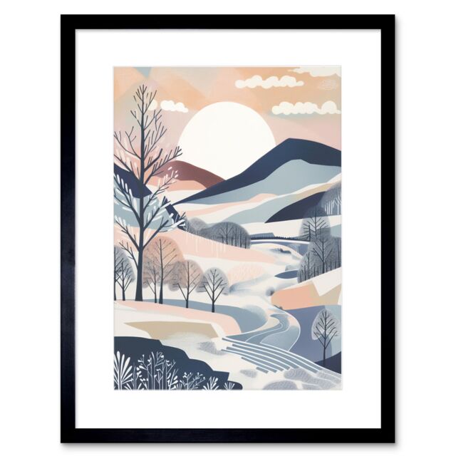"Artery8 Wall Art Print Countryside Path in Boho Hill Winter Landscape Artwork Framed 9X7 Inch in Black - Size: W7"" x H9""" - image 1