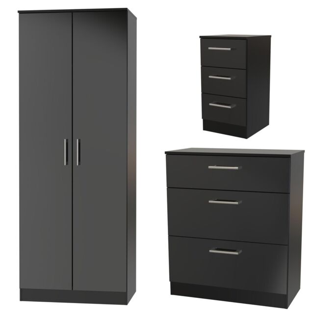 Swift Devon 3 Piece Bedroom Set (Wardrobe, Chest & Bedside) in Black Matt - Ready Assembled - image 1