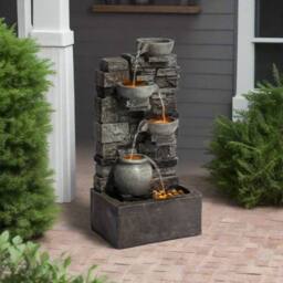 Teamson Home 72.3 cm Outdoor 4-Tier Stacked Stone Cascading Water Fountain with LED Lights in Grey - thumbnail 3