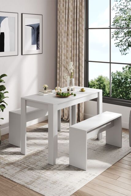 Living and Home 3Pcs Set Modern White Dining Room Table and Benches Dining Set Furniture - image 1
