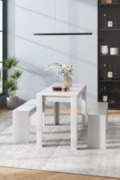 Living and Home 3Pcs Set Modern White Dining Room Table and Benches Dining Set Furniture - thumbnail 2