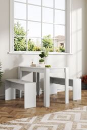 Living and Home 3Pcs Set Modern White Dining Room Table and Benches Dining Set Furniture - thumbnail 3