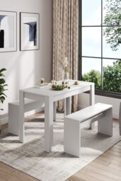 Living and Home 3Pcs Set Modern White Dining Room Table and Benches Dining Set Furniture - thumbnail 1