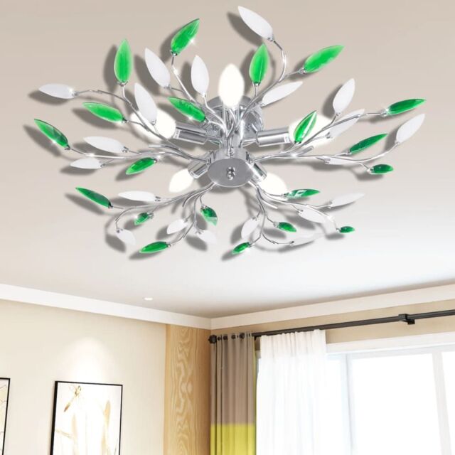 Berkfield Home Green&White Ceiling Lamp with Acrylic Crystal Leaf Arms for 5 E14Bulbs - image 1