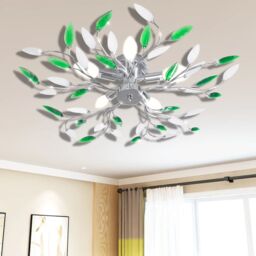 Berkfield Home Green&White Ceiling Lamp with Acrylic Crystal Leaf Arms for 5 E14Bulbs - thumbnail 1